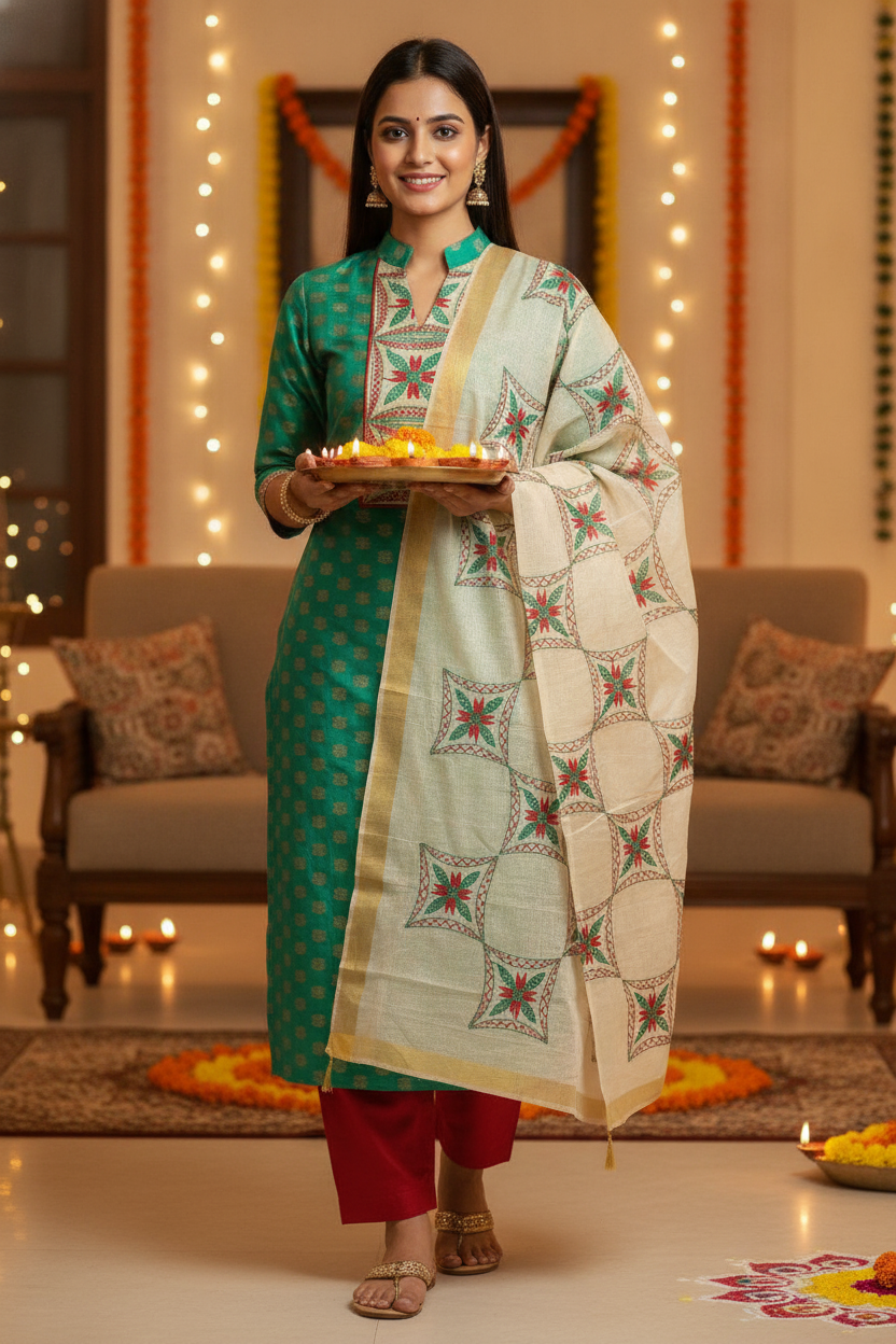 Unstitched Chanderi Dress material with embroidered chanderi dupatta - Green and Red