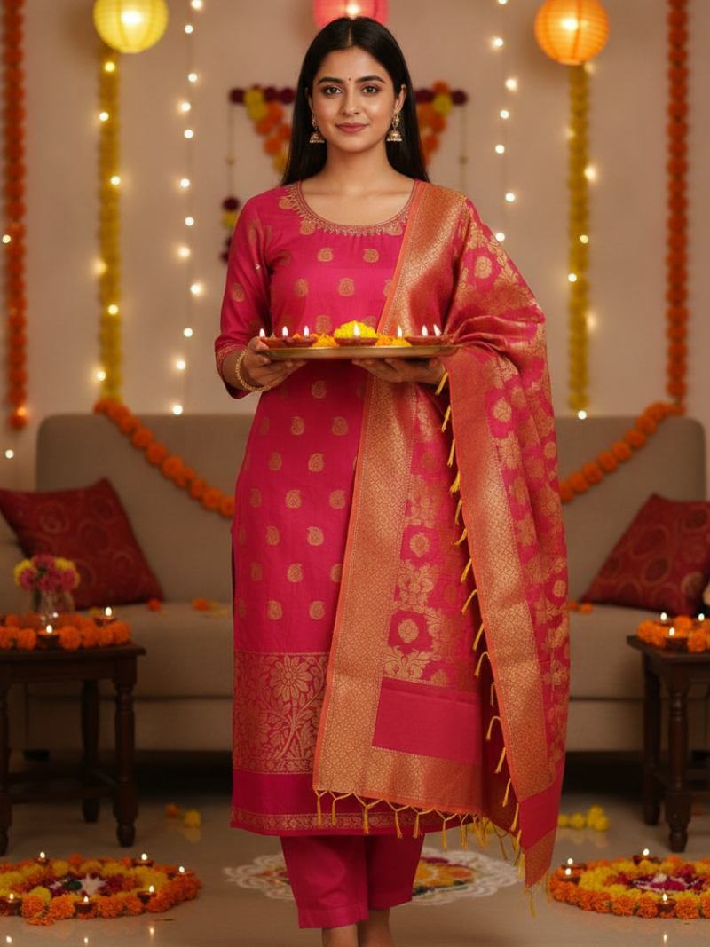 Unstitched Chanderi Dress material with embroidered chanderi dupatta - Pink
