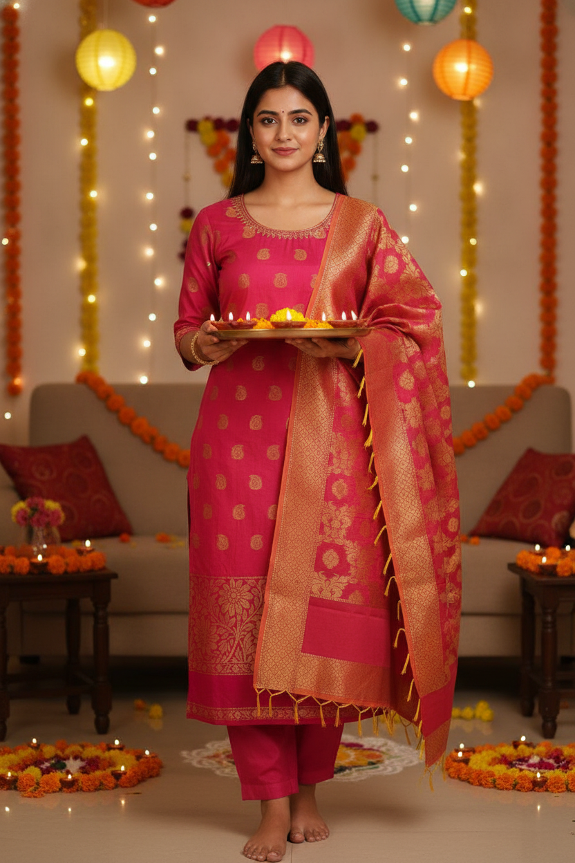 Unstitched Chanderi Dress material with embroidered chanderi dupatta - Pink