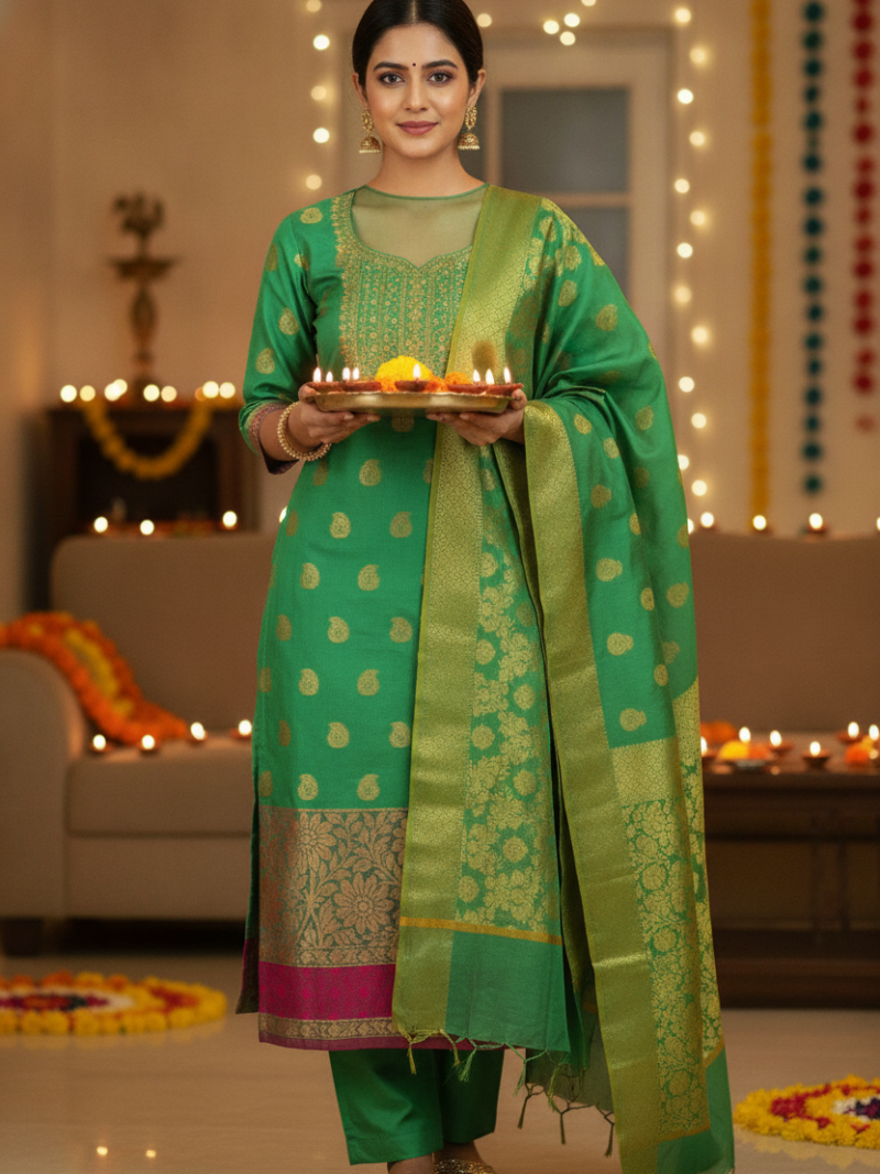 Unstitched Chanderi Dress material with embroidered chanderi dupatta - Green