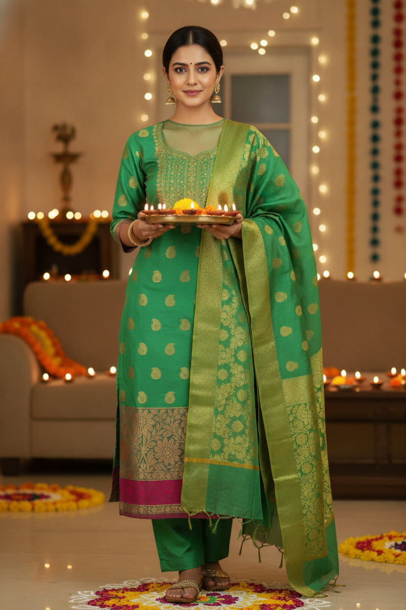 Unstitched Chanderi Dress material with embroidered chanderi dupatta - Green