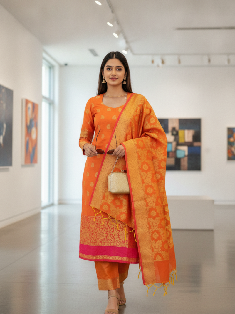 Unstitched Chanderi Dress material with embroidered chanderi dupatta - Orange