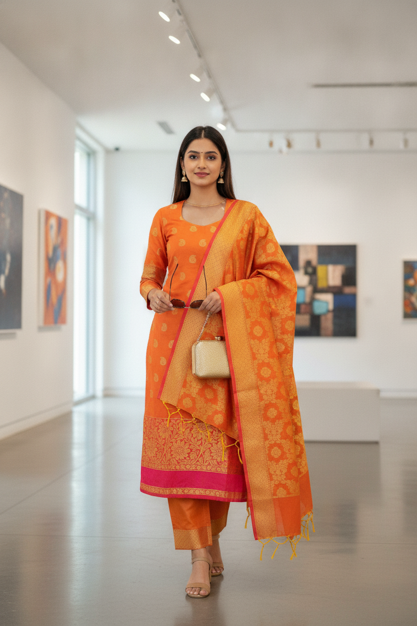 Unstitched Chanderi Dress material with embroidered chanderi dupatta - Orange