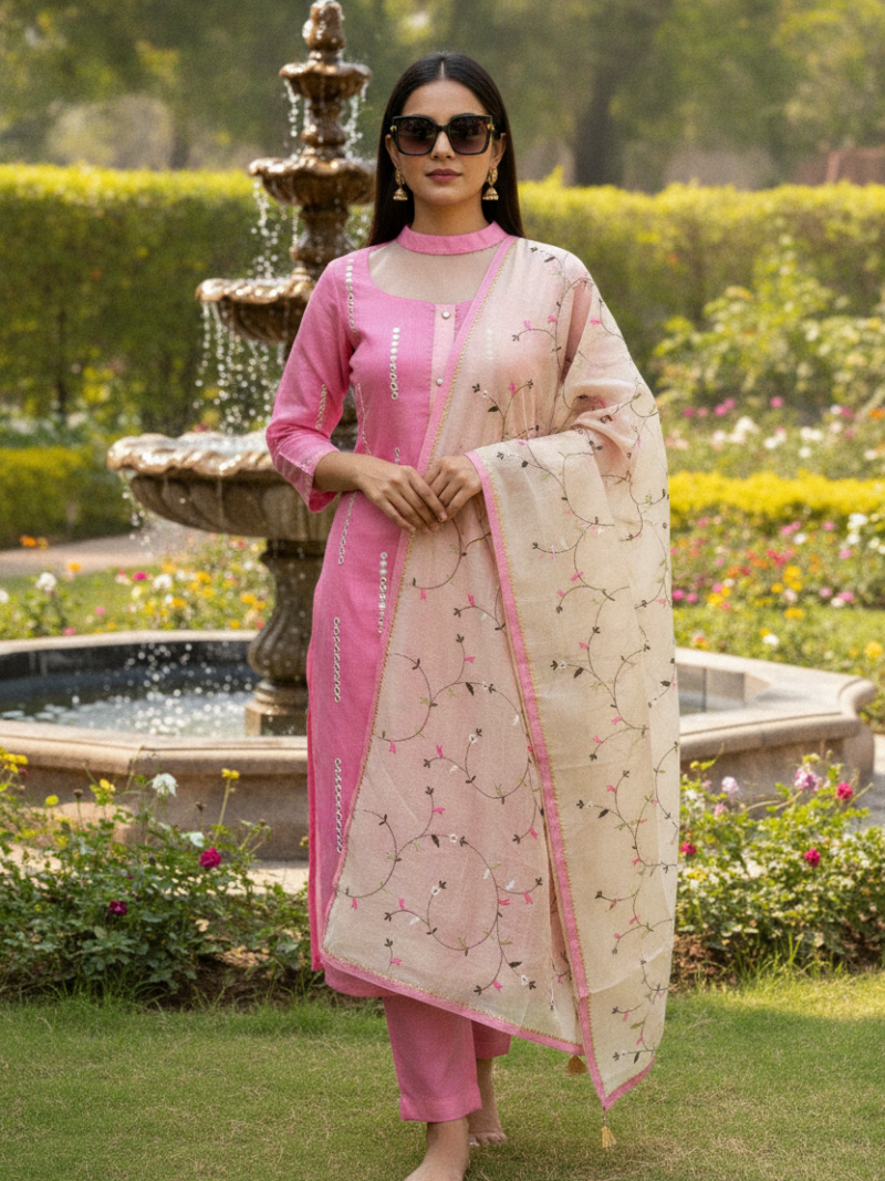 Unstitched Chanderi Dress material with embroidered chanderi dupatta - Pink