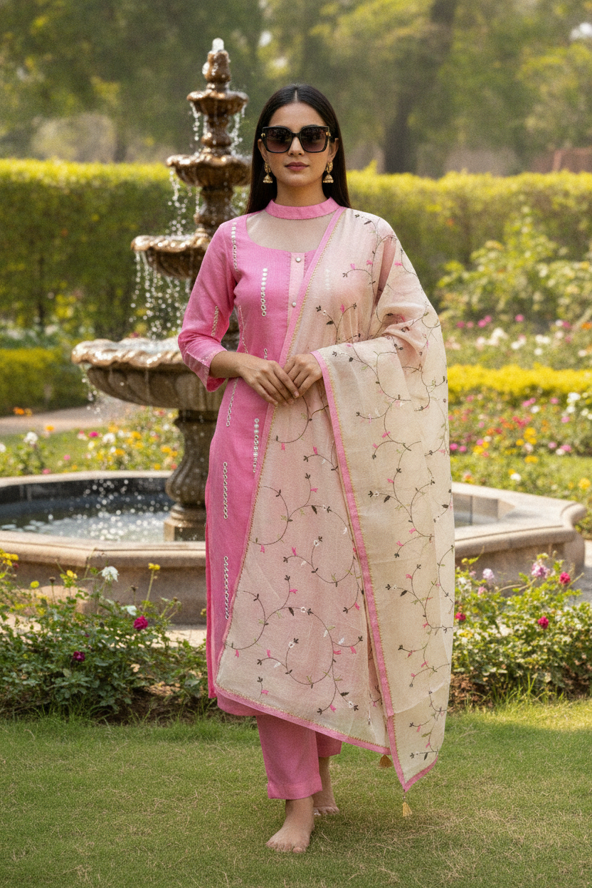 Unstitched Chanderi Dress material with embroidered chanderi dupatta - Pink