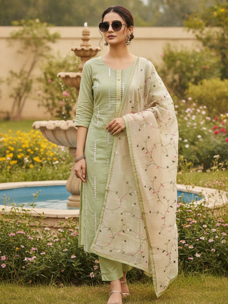 Unstitched Chanderi Dress material with embroidered chanderi dupatta - Green