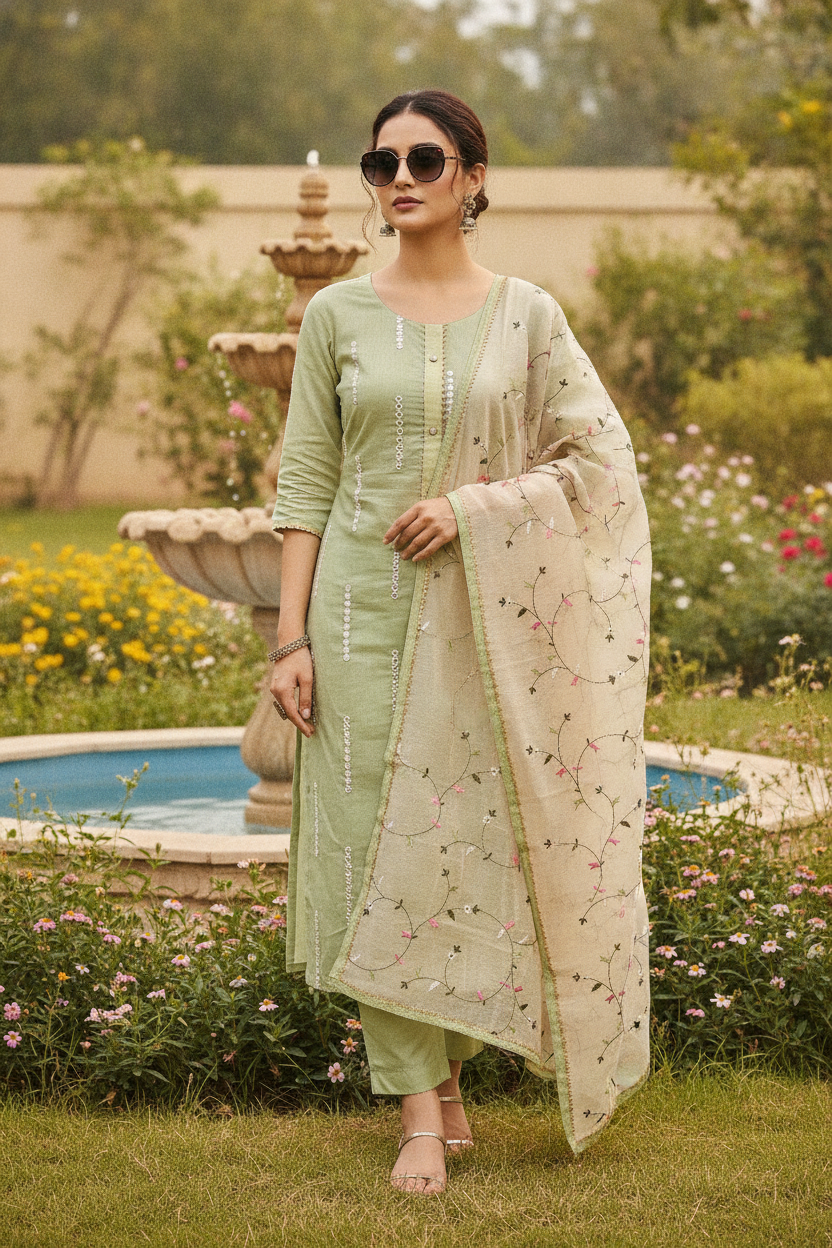 Unstitched Chanderi Dress material with embroidered chanderi dupatta - Green