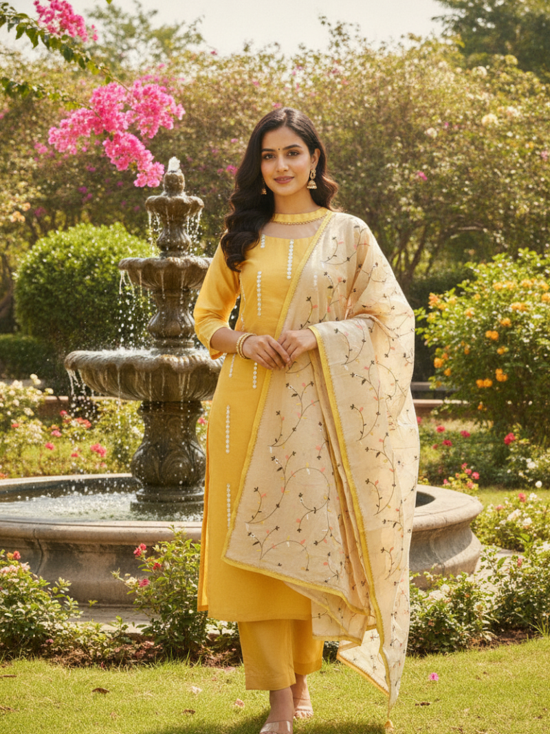 Unstitched Chanderi Dress material with embroidered chanderi dupatta - Yellow