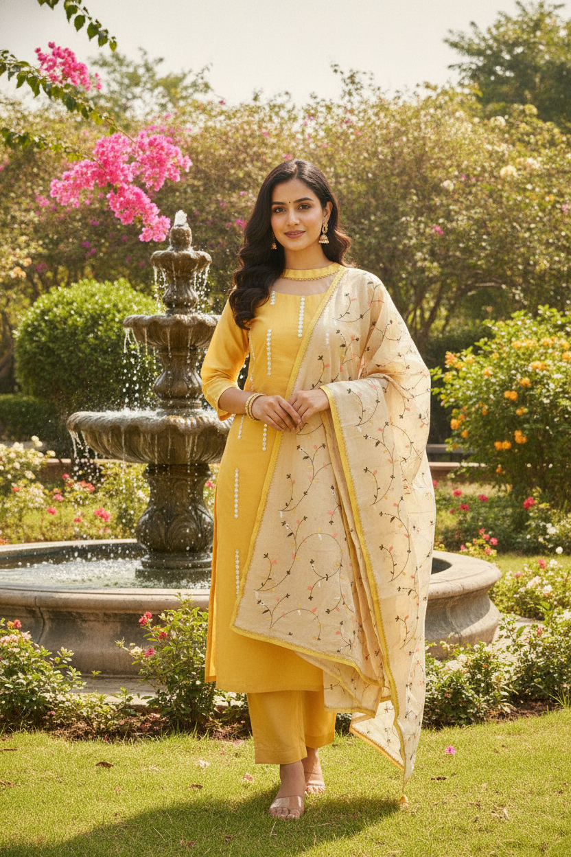 Unstitched Chanderi Dress material with embroidered chanderi dupatta - Yellow
