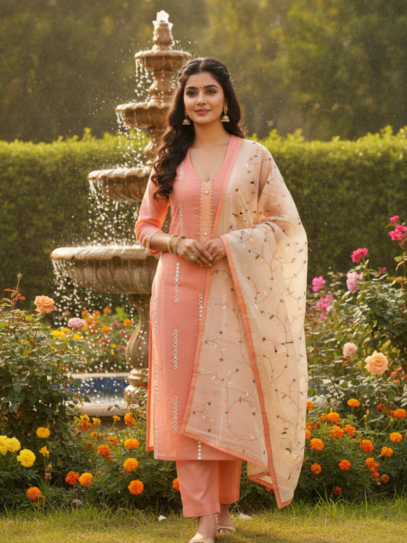 Unstitched Chanderi Dress material with embroidered chanderi dupatta - Orange