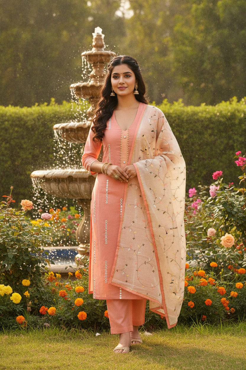 Unstitched Chanderi Dress material with embroidered chanderi dupatta - Orange