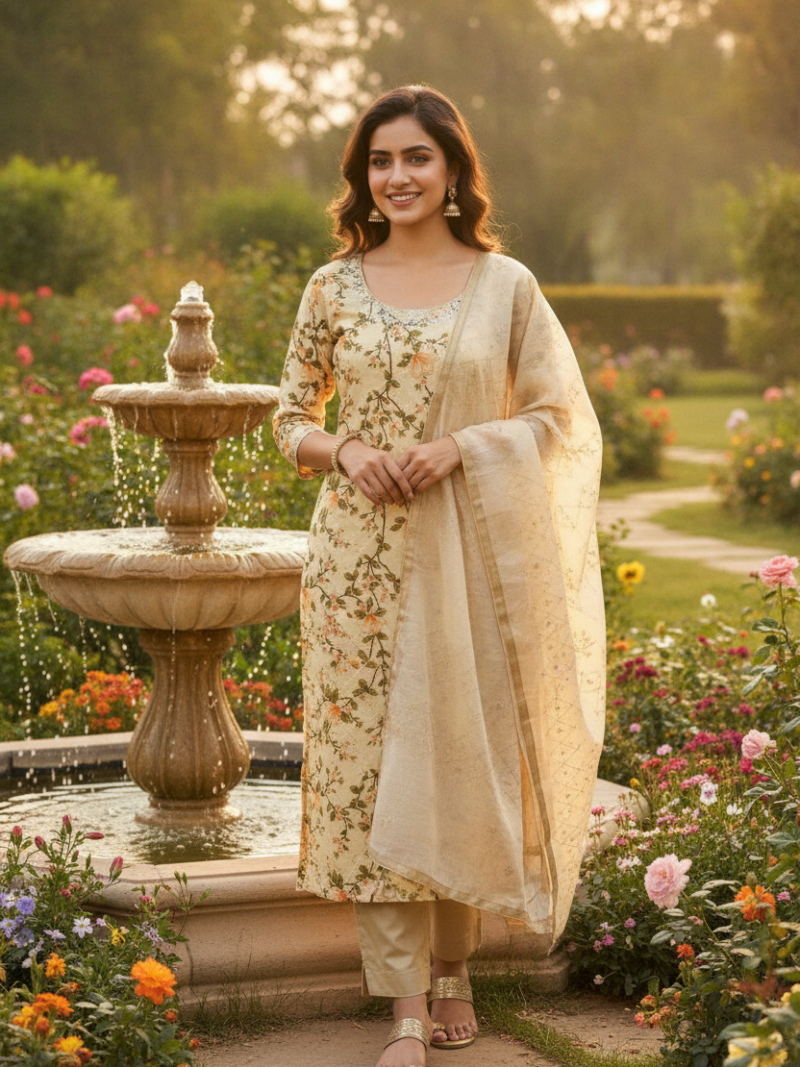 Unstitched Chanderi Dress material with embroidered chanderi dupatta - Beige