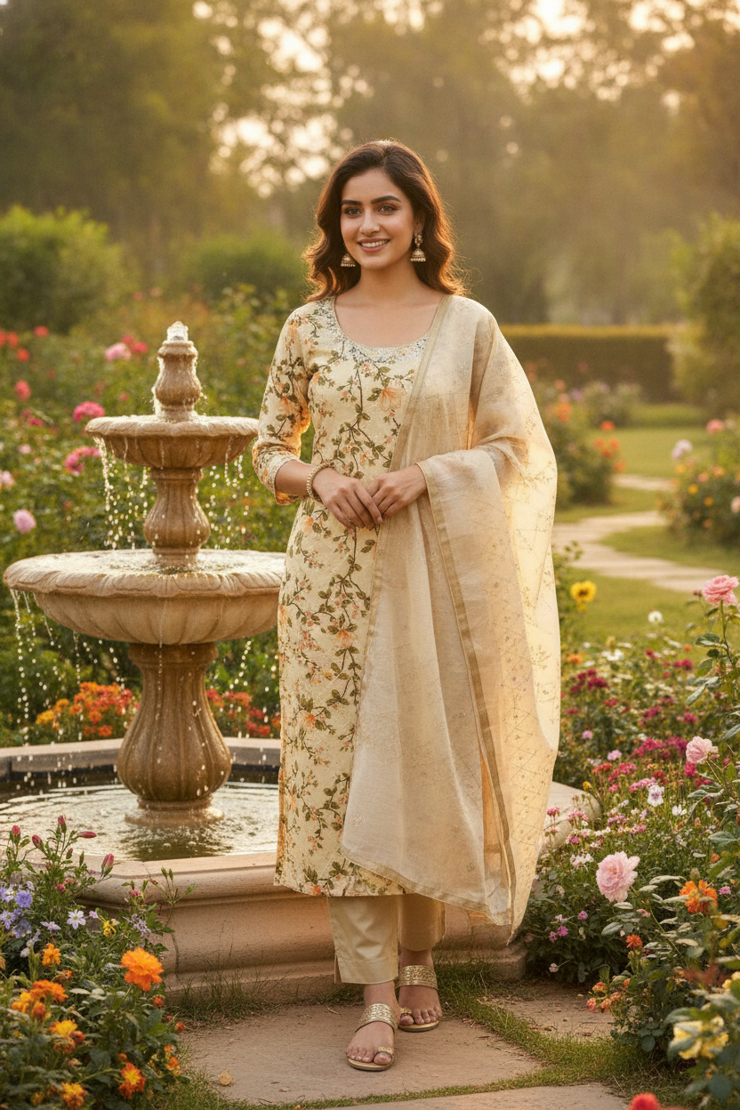 Unstitched Chanderi Dress material with embroidered chanderi dupatta - Beige
