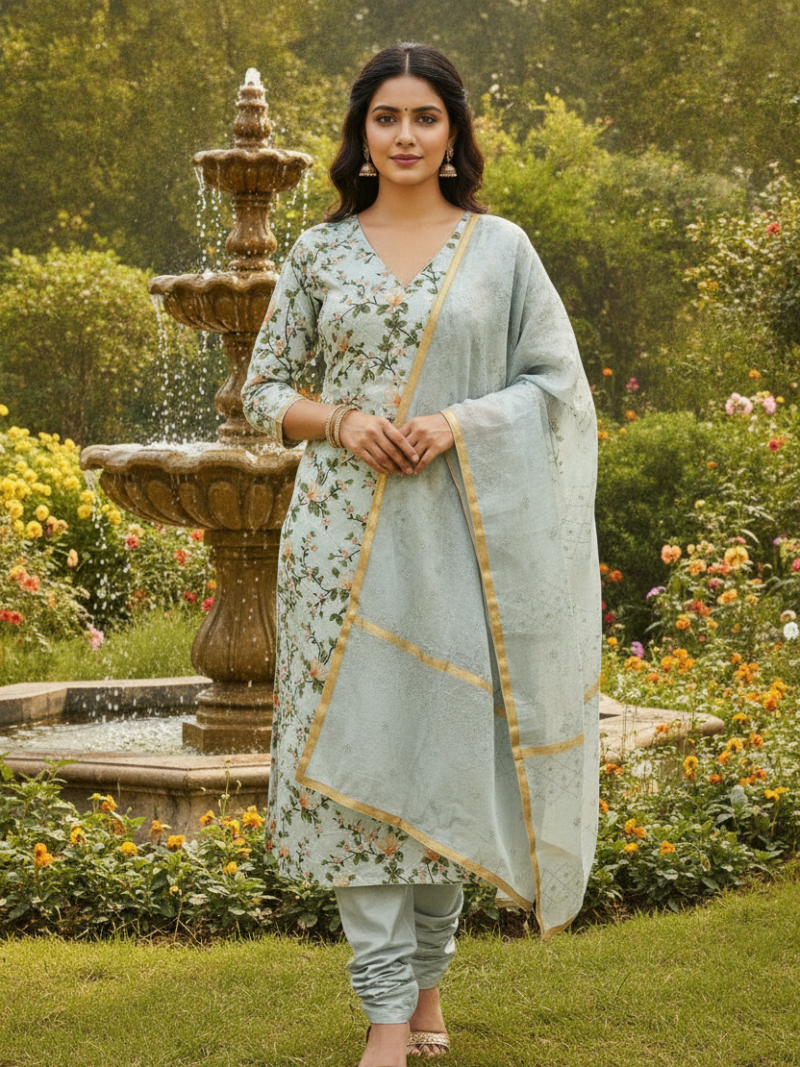 Unstitched Chanderi Dress material with embroidered chanderi dupatta - Blue