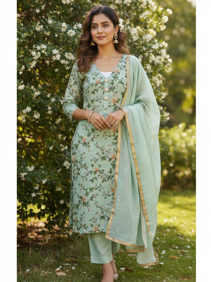 Unstitched Chanderi Dress material with embroidered chanderi dupatta - Green
