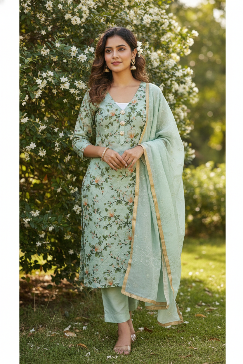 Unstitched Chanderi Dress material with embroidered chanderi dupatta - Green