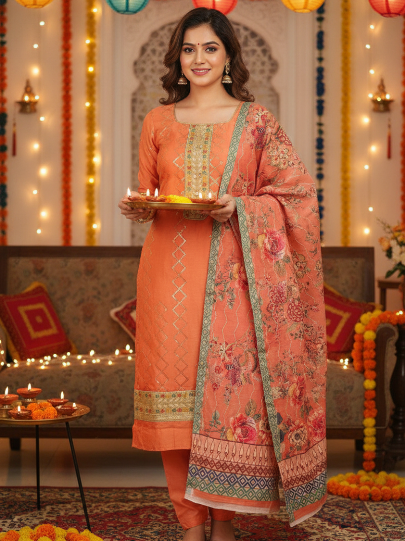 Unstitched Jam cotton Dress material with embroidered Jam dupatta - Orange