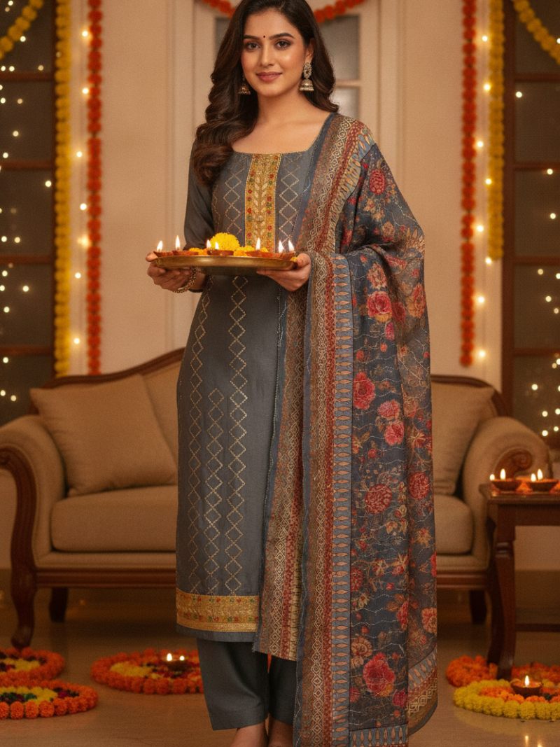 Unstitched Jam cotton Dress material with embroidered Jam dupatta - Grey