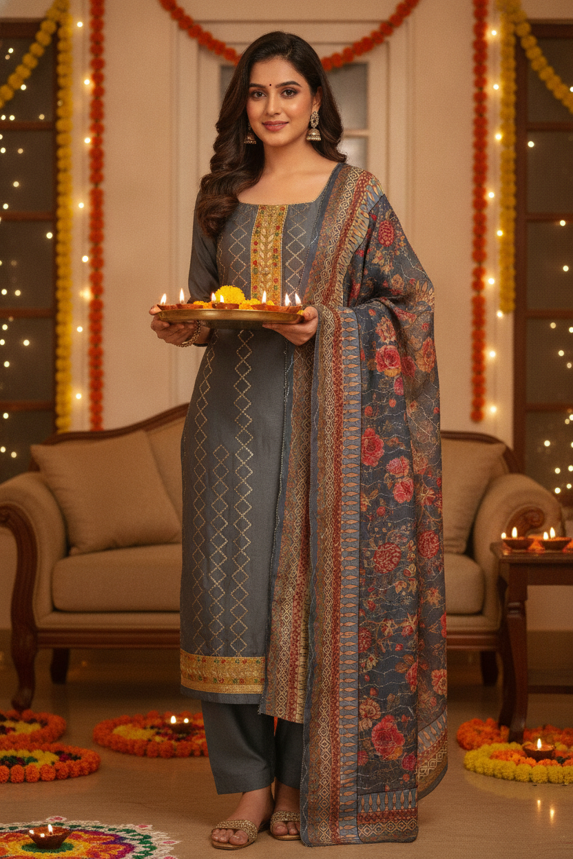 Unstitched Jam cotton Dress material with embroidered Jam dupatta - Grey