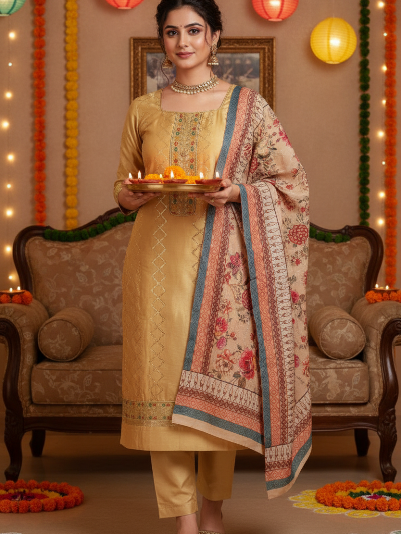 Unstitched Jam cotton Dress material with embroidered Jam dupatta - Gold