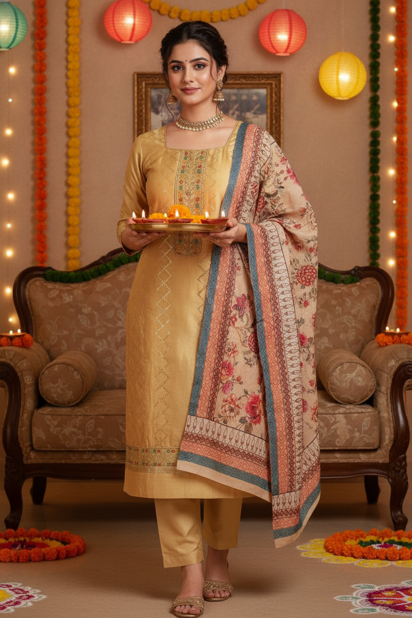 Unstitched Jam cotton Dress material with embroidered Jam dupatta - Gold