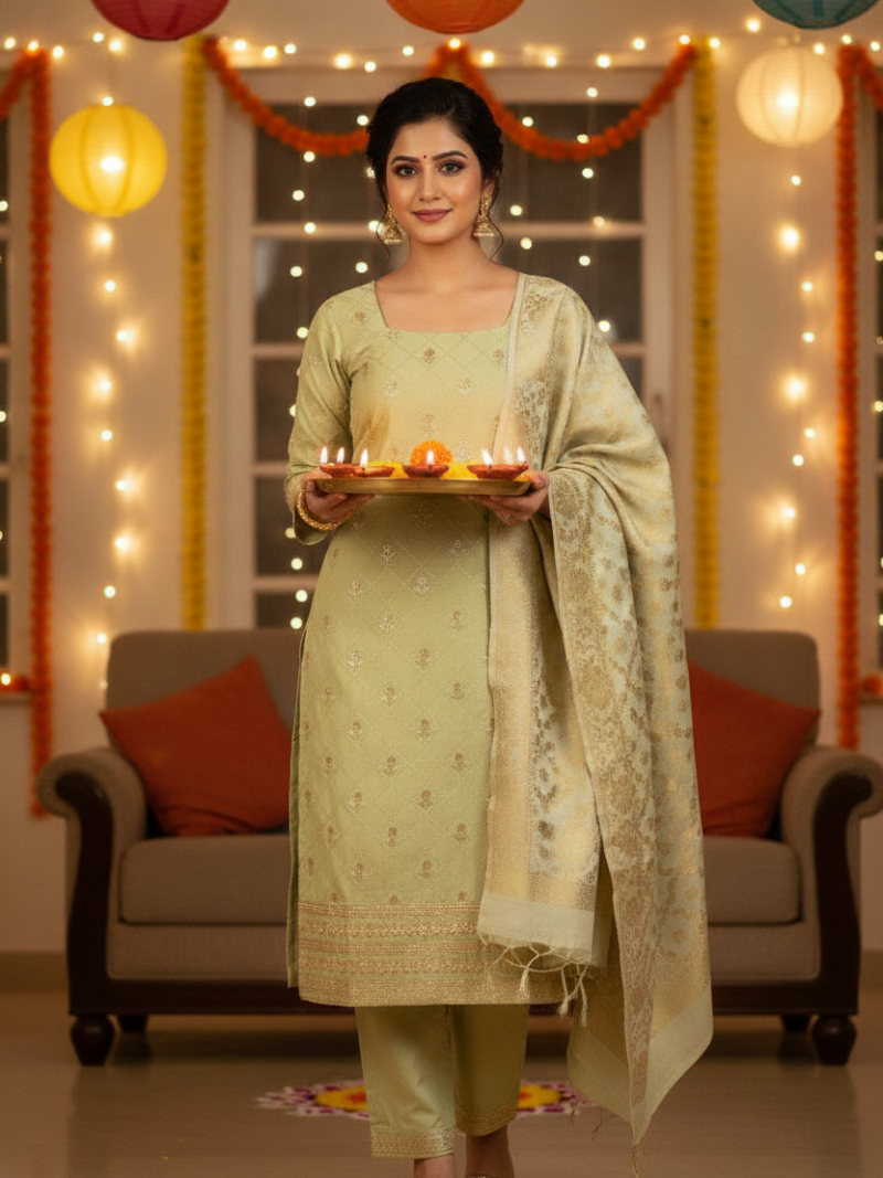 Unstitched Jam cotton Dress material with embroidered Jaquard dupatta - Pista Green