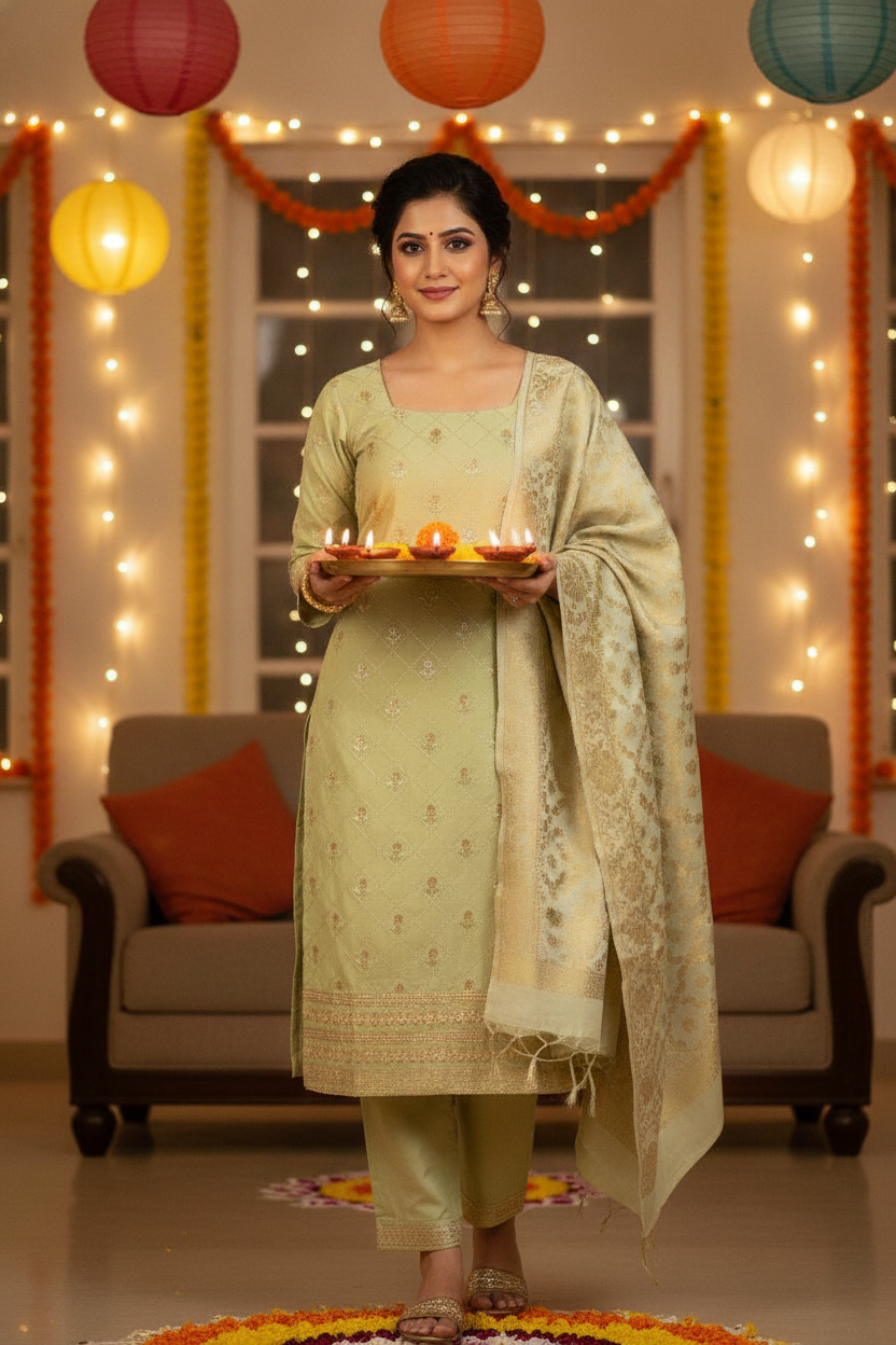 Unstitched Jam cotton Dress material with embroidered Jaquard dupatta - Pista Green