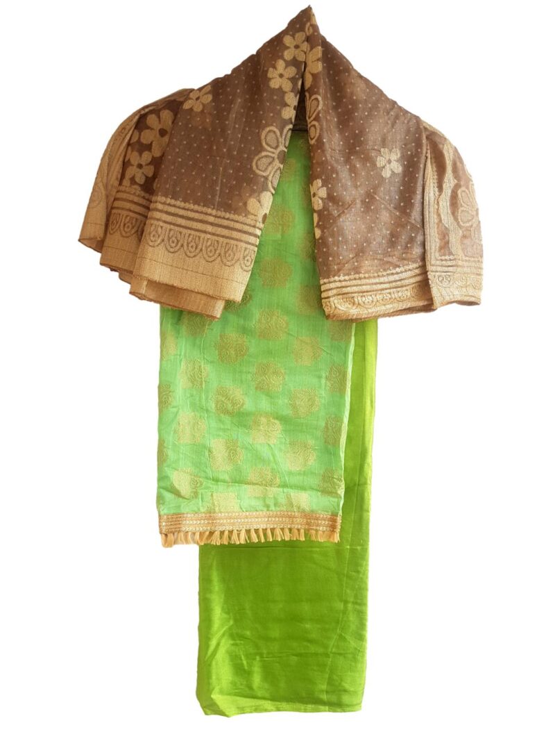 Unstitched Chanderi Dress material with net dupatta - Green