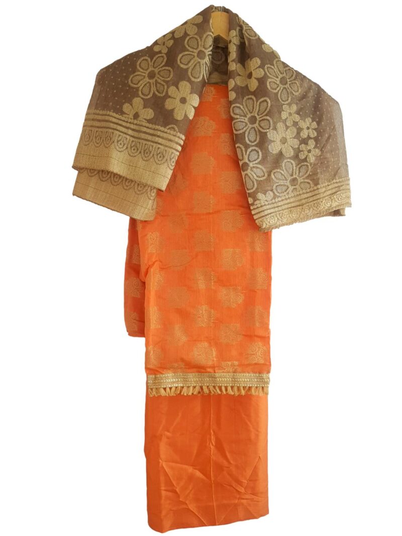 Unstitched Chanderi Dress material with net dupatta - Orange