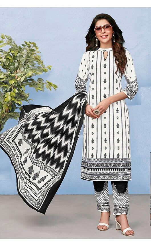 Cotton printed dress material for summer wear - White and Black