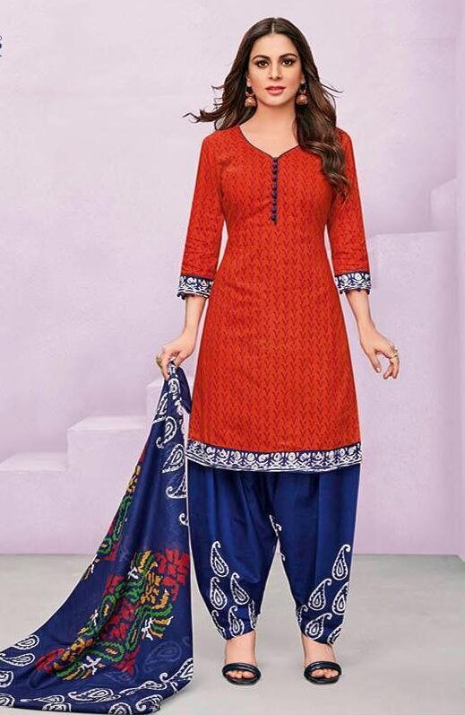 Cotton printed dress material for summer wear - Orange and Blue