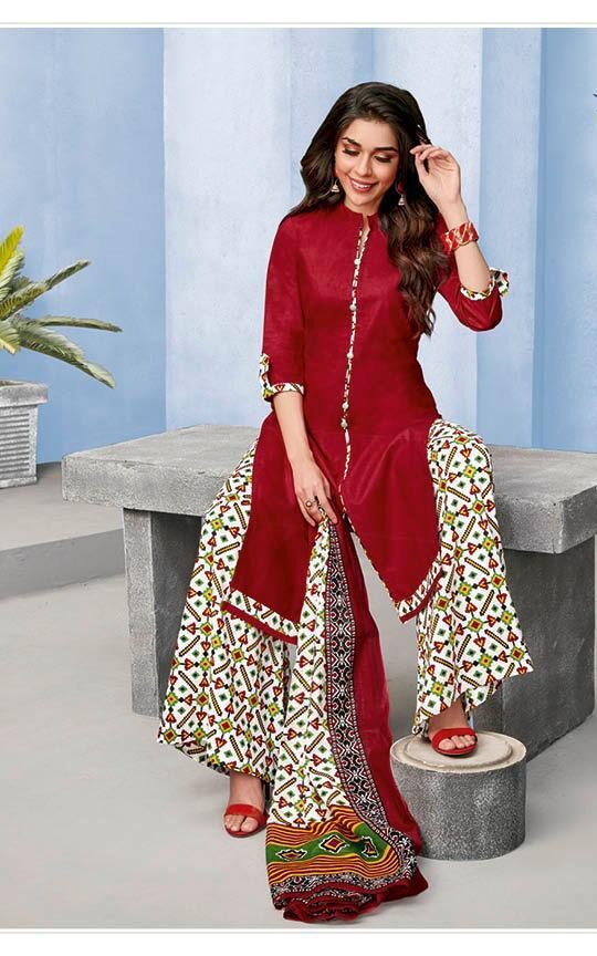 Cotton printed dress material for summer wear - Red