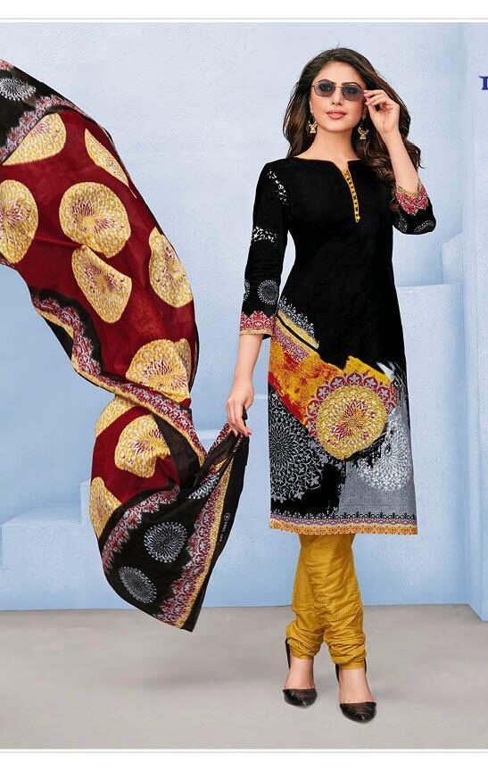 Cotton printed dress material for summer wear - Black