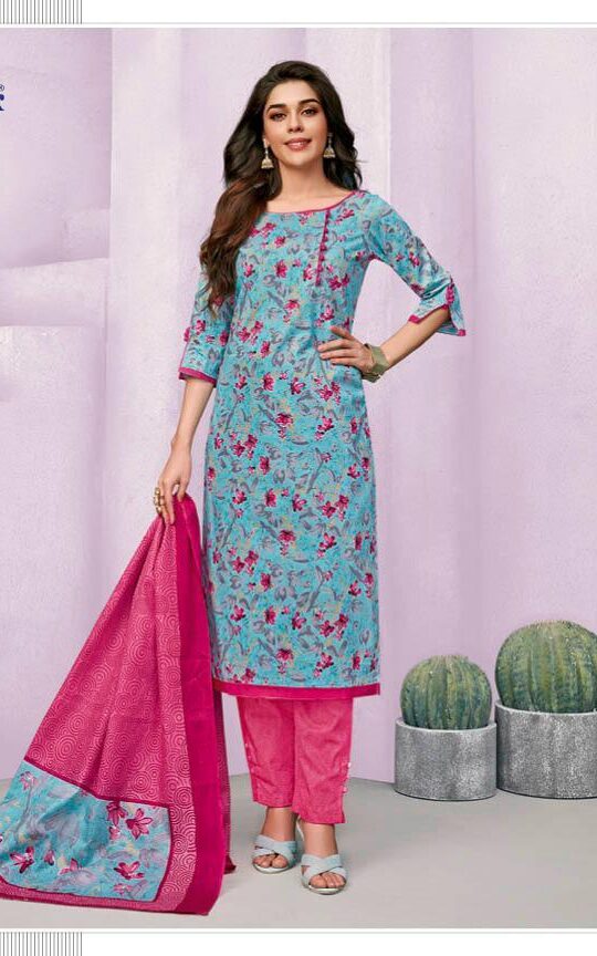 Cotton printed dress material for summer wear - Blue and Pink