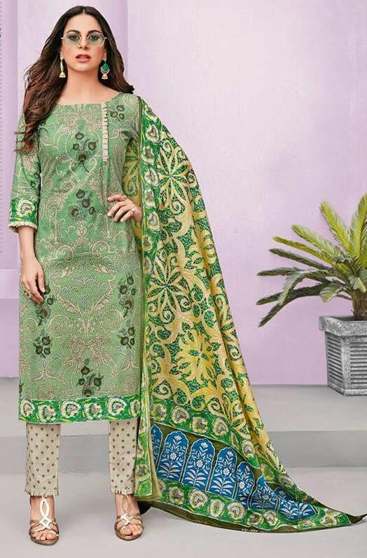 Cotton printed dress material for summer wear - Green