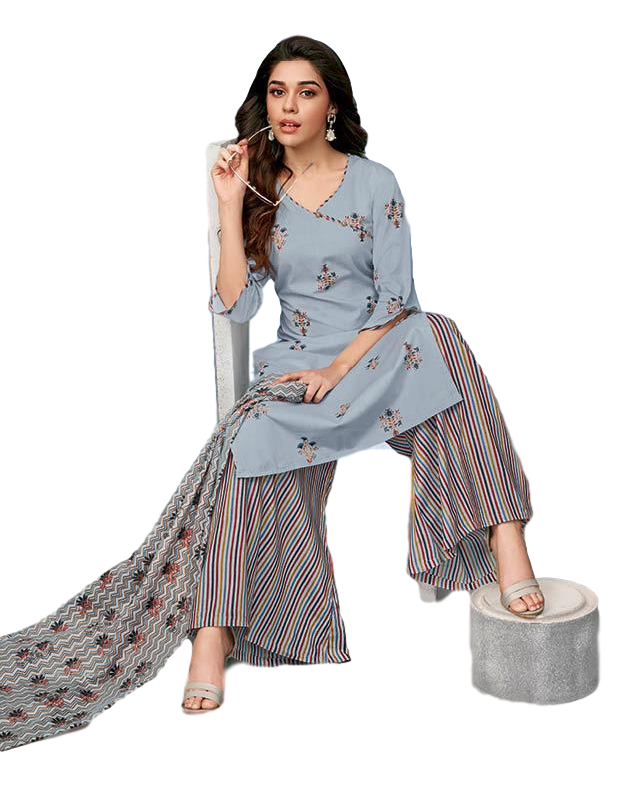 Cotton printed dress material for summer wear - Grey