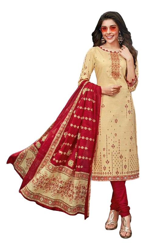 Cotton printed dress material for summer wear - Cream and Red
