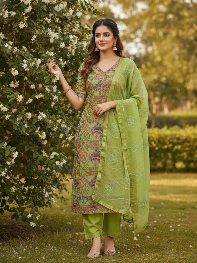 Unstitched Chanderi Dress material with embroidered Chiffon dupatta - Green