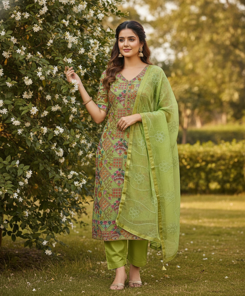 Unstitched Chanderi Dress material with embroidered Chiffon dupatta - Green