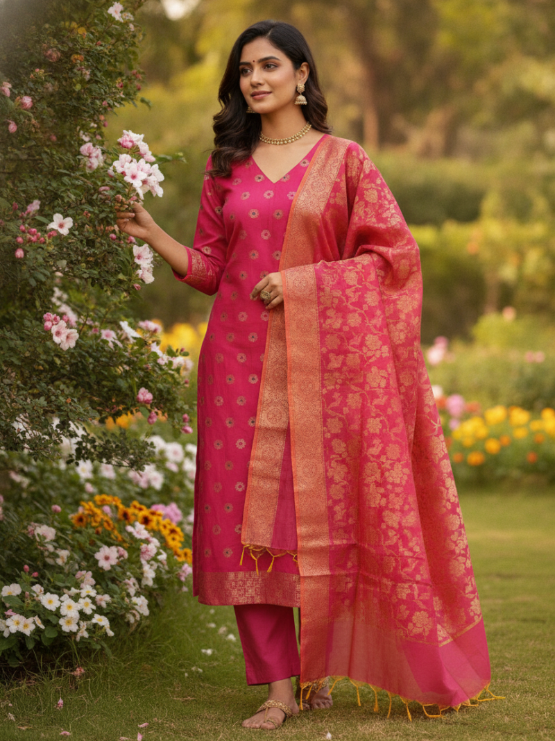 Chanderi Dress material with Banarasi Dupatta Unstitched -Pink