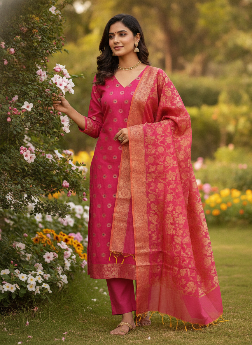 Chanderi Dress material with Banarasi Dupatta Unstitched -Pink