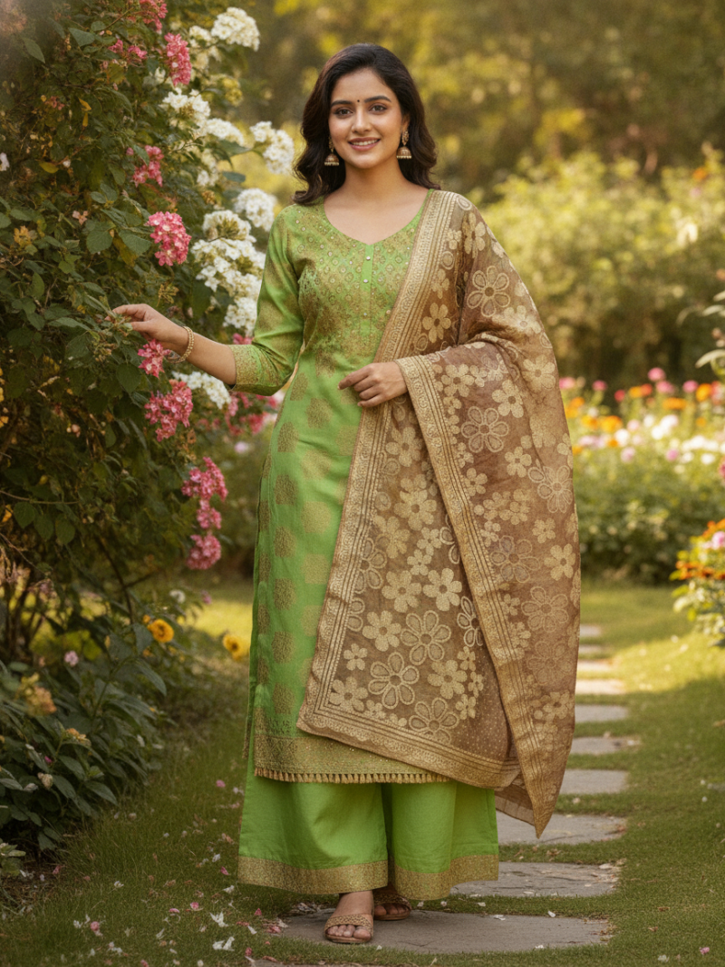 Unstitched Chanderi Dress material with net dupatta - Green