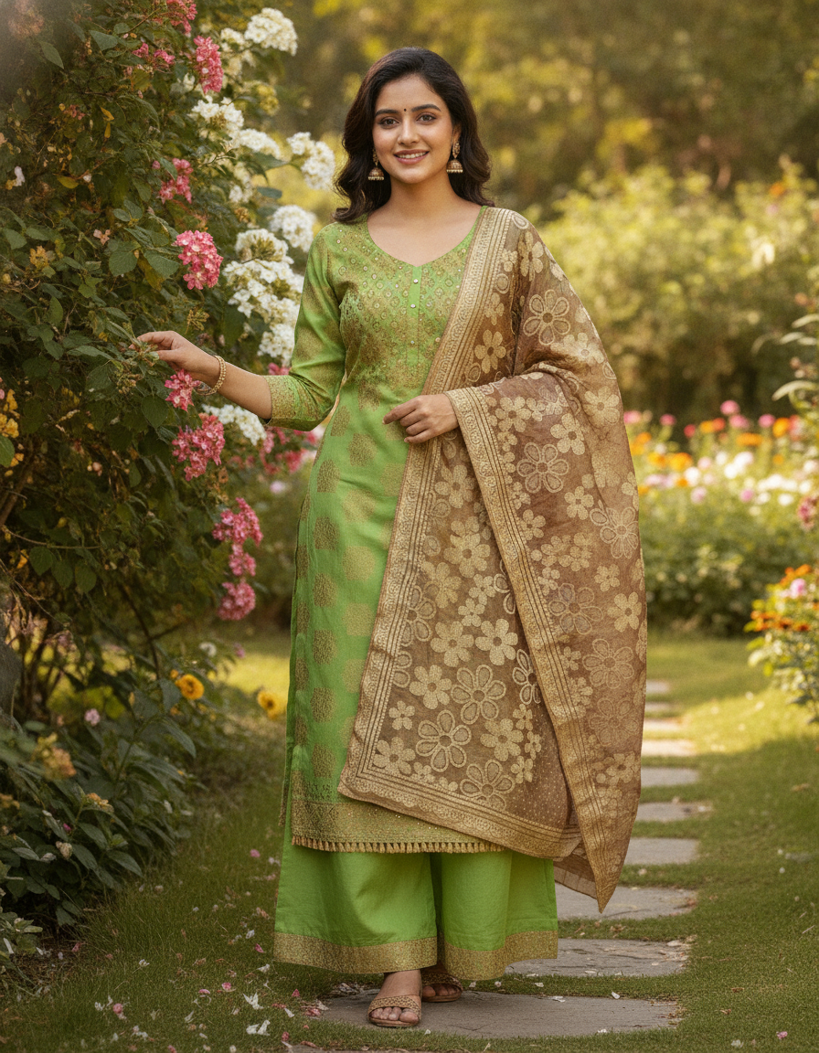 Unstitched Chanderi Dress material with net dupatta - Green