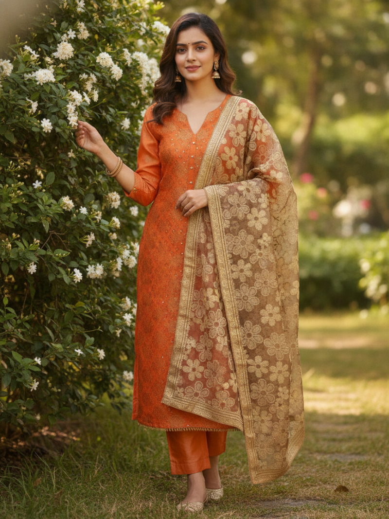 Unstitched Chanderi Dress material with net dupatta - Orange