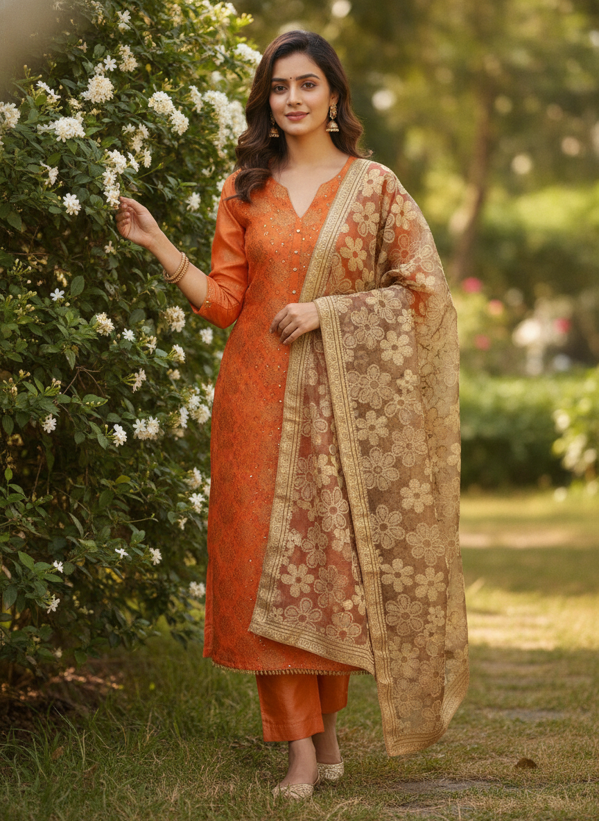 Unstitched Chanderi Dress material with net dupatta - Orange
