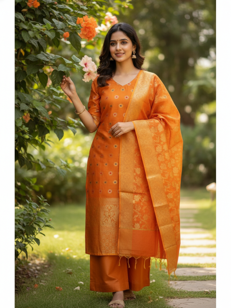 Chanderi Dress material with Banarasi Dupatta Unstitched-Orange