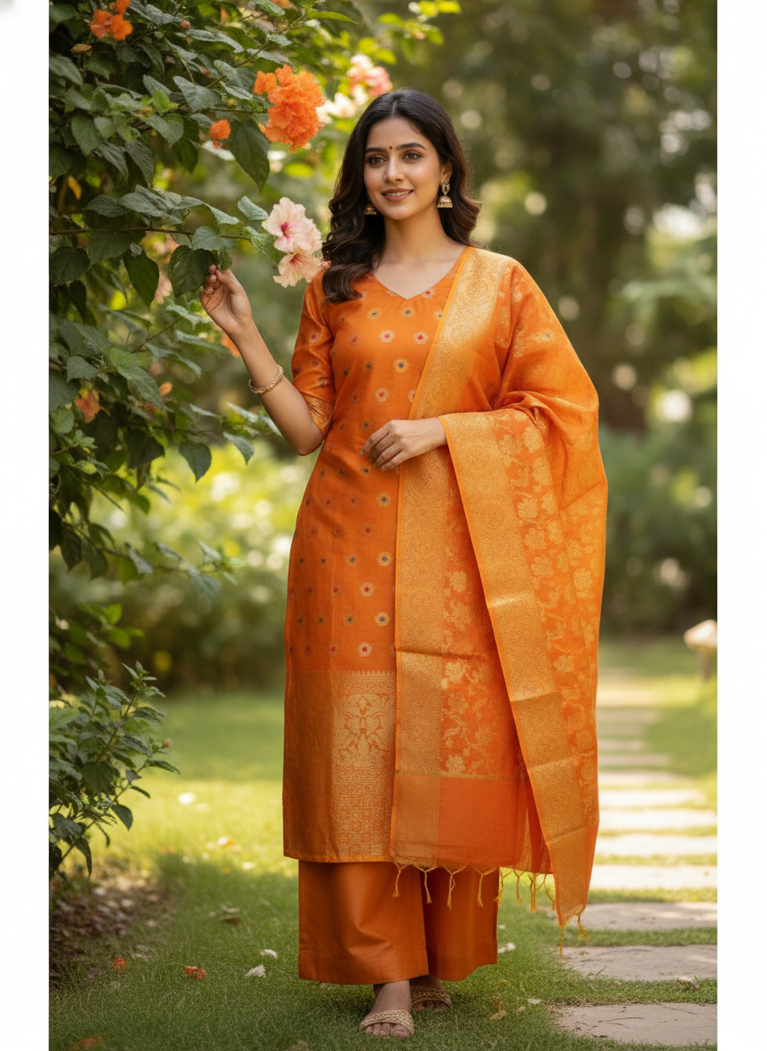 Chanderi Dress material with Banarasi Dupatta Unstitched-Orange