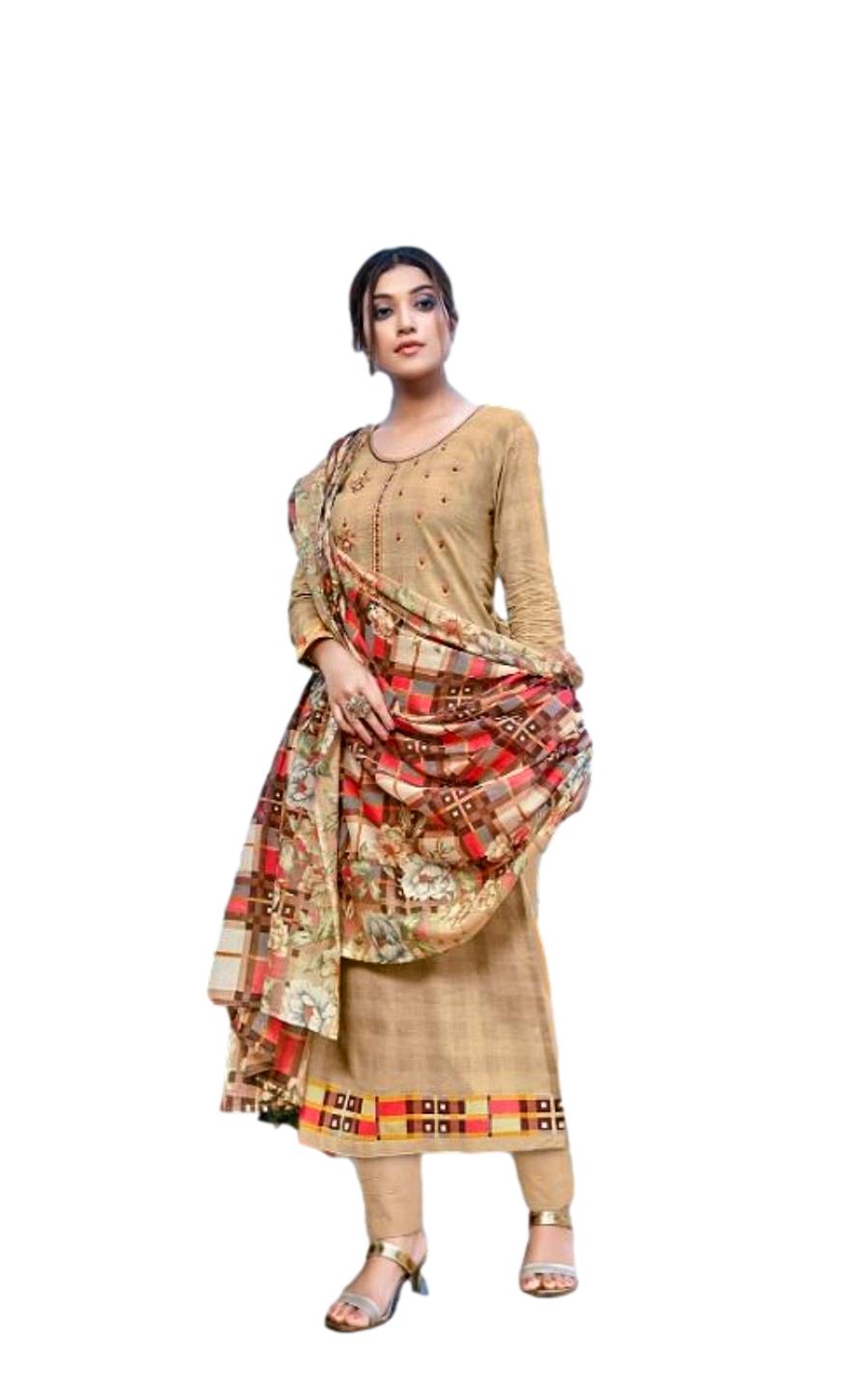 Cotton Fine Jam Digital Printed Dress Material - Chiku - Image 4