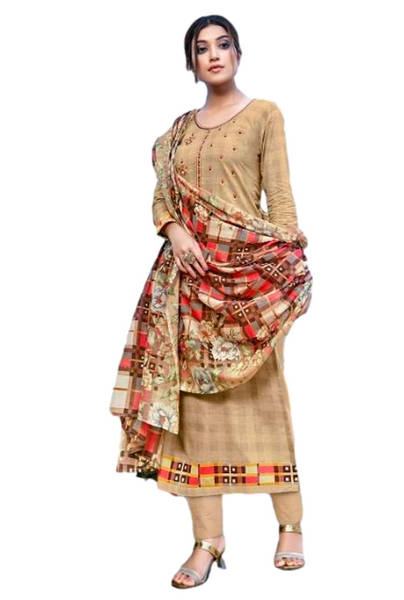 Cotton Fine Jam Digital Printed Dress Material - Chiku