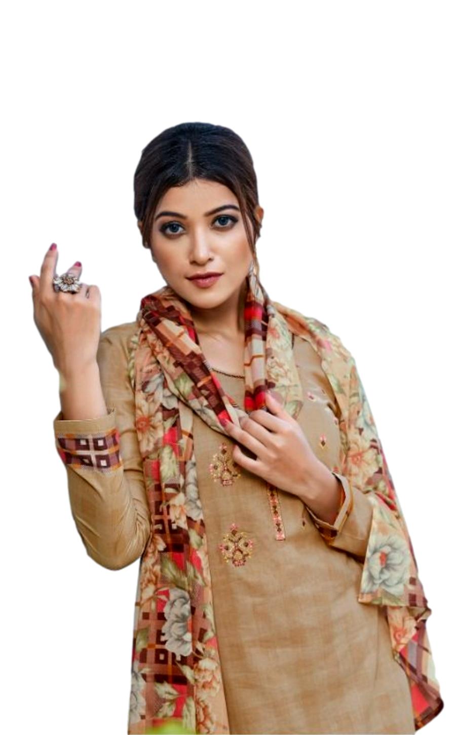 Cotton Fine Jam Digital Printed Dress Material - Chiku - Image 2
